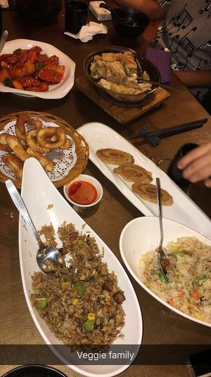 Fried rice, taro, sweet and sour pork, calamari, tofu at Veggie Family 素食一家 in Kowloon