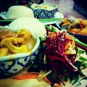 Yellow Curry with Coconut Rice at Hearts Choices Thai Vegan Cafe in Calgary