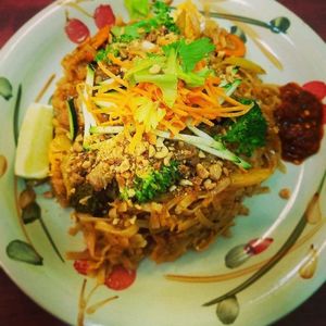 Pad Thai with vegan meat at Hearts Choices Thai Vegan Cafe in Calgary