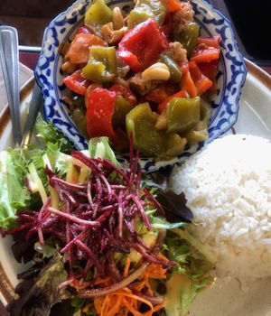 Ginger chicken with cashews at Hearts Choices Thai Vegan Cafe in Calgary