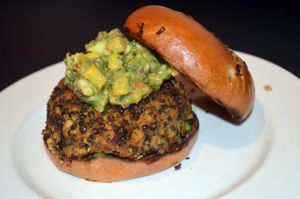 OUR AWESOME CHICKPEA & LENTIL BURGER at Green Fields Organic Bistro in Delray Beach