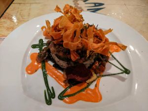 Risotto with grilled veg. Hardly any rice though... at Yemanja Woodfired Grill in Oranjestad