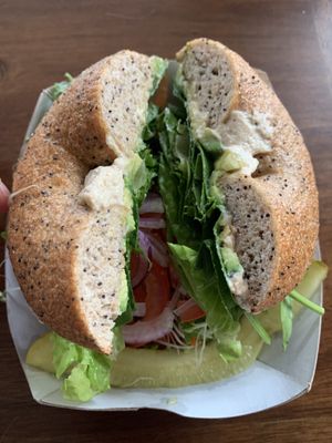 Vegan sandwich with special order multigrain without egg wash at The Bagel Shop in Homer