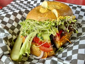 Vegan bagel sandwich  at The Bagel Shop in Homer