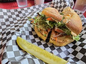 Vegan bagel sandwich with today's Indian masala schmear at The Bagel Shop in Homer