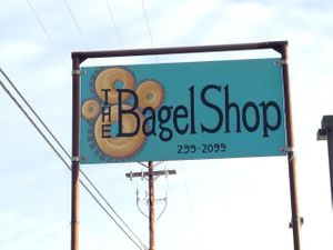 Store sign at The Bagel Shop in Homer