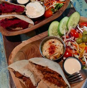 Teriyaki 'chicken' tempeh and beetroot pitas. at Eat.Co in Koh Phangan
