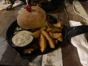 Mushroom burger with fries and mayo at Eat.Co in Koh Phangan