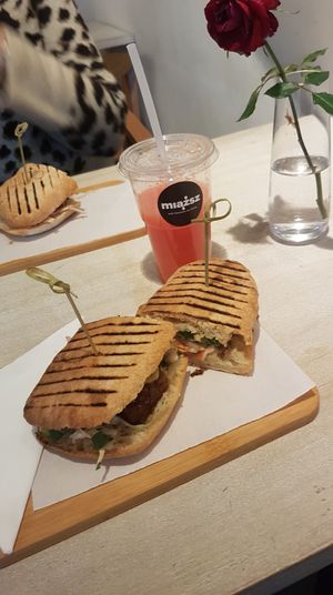 Tofu teriyaki panini and cold pressed grape juice!  at Miazsz in Krakow