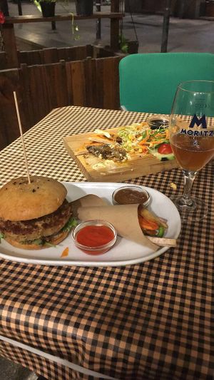 Seitan Burger. That brown sauce was amazing  at Vegetalia - Raval in Barcelona