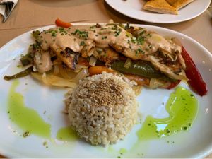 Fried ‘chicken’, so tasty, nice satay sauce  at Vegetalia - Raval in Barcelona
