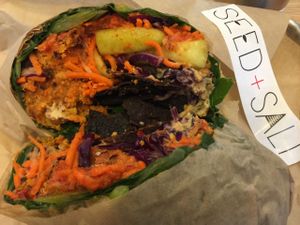 falafel collars wrap with eggplant bacon add-on at Seed + Salt in San Francisco