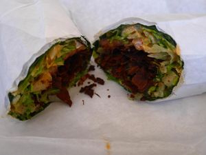 'Eggplant bacon BLT' collard wrap w/ eggplant bacon & vegan mayo at Seed + Salt in San Francisco