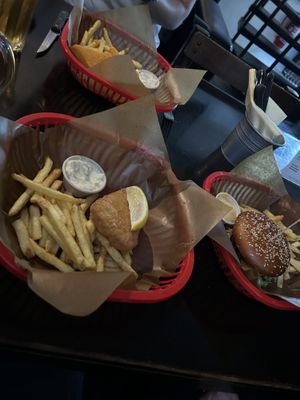 Fish and chips, fried cheese and a burger   at Belzepub in Prague