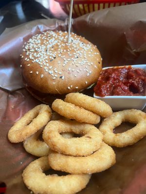 Beyond Italian with onion rings  at Belzepub in Prague