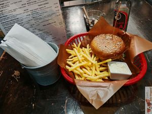 My English burger and french fries at Belzepub in Prague