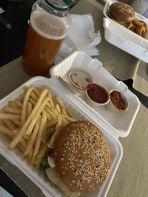 Mexican burger with fries and homemade ice tea  at Belzepub in Prague