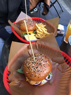 Our burgers and a portion of chips  at Belzepub in Prague
