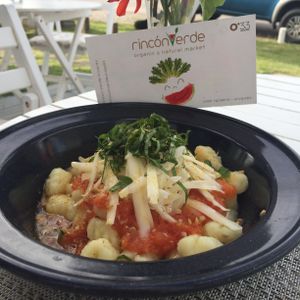 Potato gnocchi, organic fresh tomatoes sauce and plant based grated cheese. All plant based and gluten free. at Rincon Verde in Jose Ignacio
