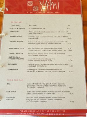 menu at Yami's Vegetarian Kitchen in Brunswick Heads