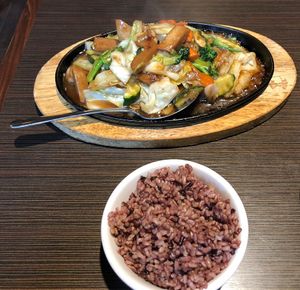 Chicken teriyaki, organic brown rice  at Indochine Vegan in San Francisco