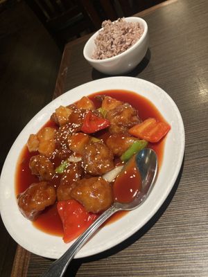 Sweet and sour soy protein with rice  at Indochine Vegan in San Francisco