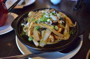 Vietnamese Fragrant Claypot Rice - Crispy rice with soy protein, organic tofu, shiitake mushroom, black fungus,
napa cabbage and vermicelli. at Indochine Vegan in San Francisco