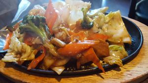 Teriyaki chicken and vegetables at Indochine Vegan in San Francisco