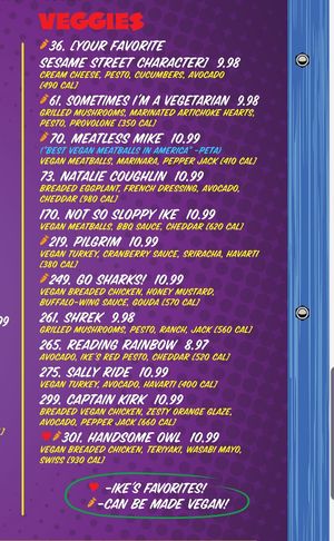Vegan menu at Ike's in Walnut Creek