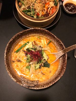 vegan coconut curry soup with tofu and veggies (back is udon noodle stir fry) at Cat Tuong in Berlin