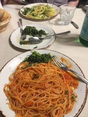Zucchini pesto pasta & spaghetti with tomato sauce, chard at Trattoria Enzo e Piero in Florence