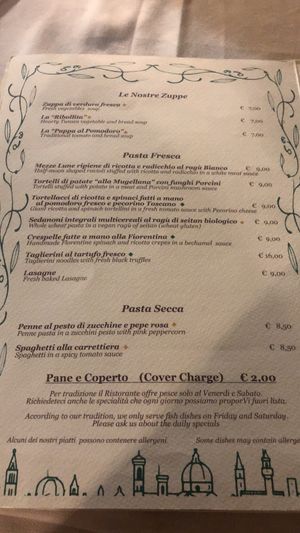 Menu at Trattoria Enzo e Piero in Florence