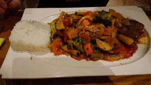 Dish with mock beef at Well Being II in Cologne