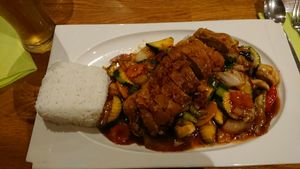 Dish with mock duck at Well Being II in Cologne