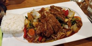 Vegan duck with rice at Well Being II in Cologne