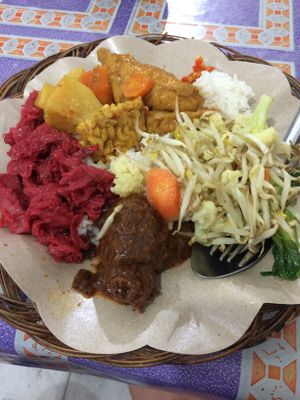 Vegan homemade mock meats, rice and vegetables (buffet style) at Vegetarian Restaurant in Jakarta