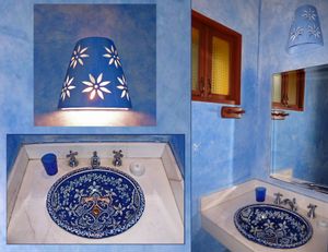 Marble counter and Talavera style sink at Hotel MedioMundo in Merida