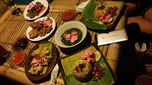 Tofu cakes, vegetable cakes, water spinach, baby potatoes and fried rice at Coco Beach in 