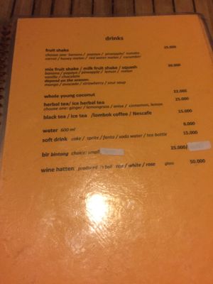 Menu at Coco Beach in 