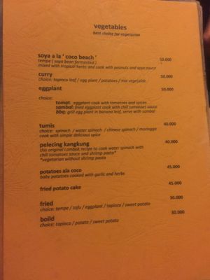 Menu at Coco Beach in 