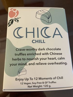 It is definitely worth picking up a box of these Chica chill chocolates if you want to chill out. It has an amazing amount of beneficial adaptigens and herbs.😀 at Wonder Press Juice Bar - Pop-up in Boulder