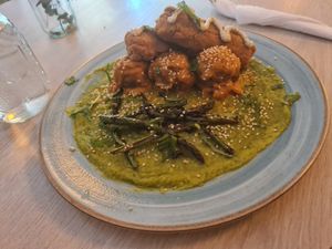 Meatballs with seaweed sauce, so much better than it sounds at Veg Station in Medellin