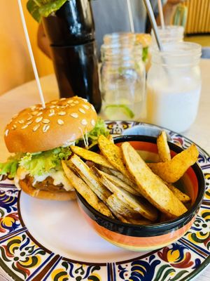 Burger with fries  at Veg Station in Medellin