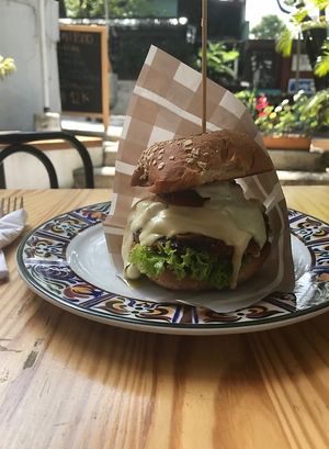 Burger with delicious cheese made of cassava at Veg Station in Medellin