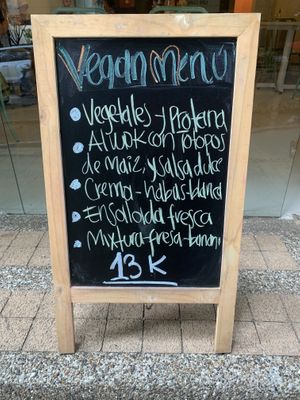 Menu del día board  at Veg Station in Medellin