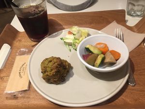 Morning set with vegan matcha adzuki muffin at Cosme Kitchen Cafe in Kyoto