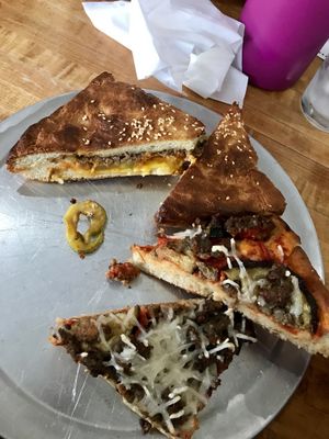 Eggplant, Impossible sausage, and mozzarella pizza and their AMAZING Big Mac style stuffed pizza.  at Fortuitea Cafe and Bakery in Washington