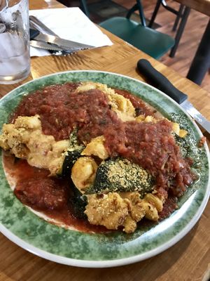 Chile rellenos (stuffed with their cashew mac & cheese) from the specials chalkboard. at Fortuitea Cafe and Bakery in Washington