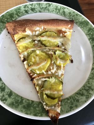 Thin-crust pickle pizza (mozarella, pickles, ranch drizzle). Amazing!! at Fortuitea Cafe and Bakery in Washington