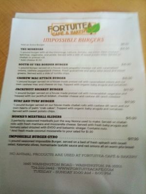 Impossible Burger menu at Fortuitea Cafe and Bakery in Washington